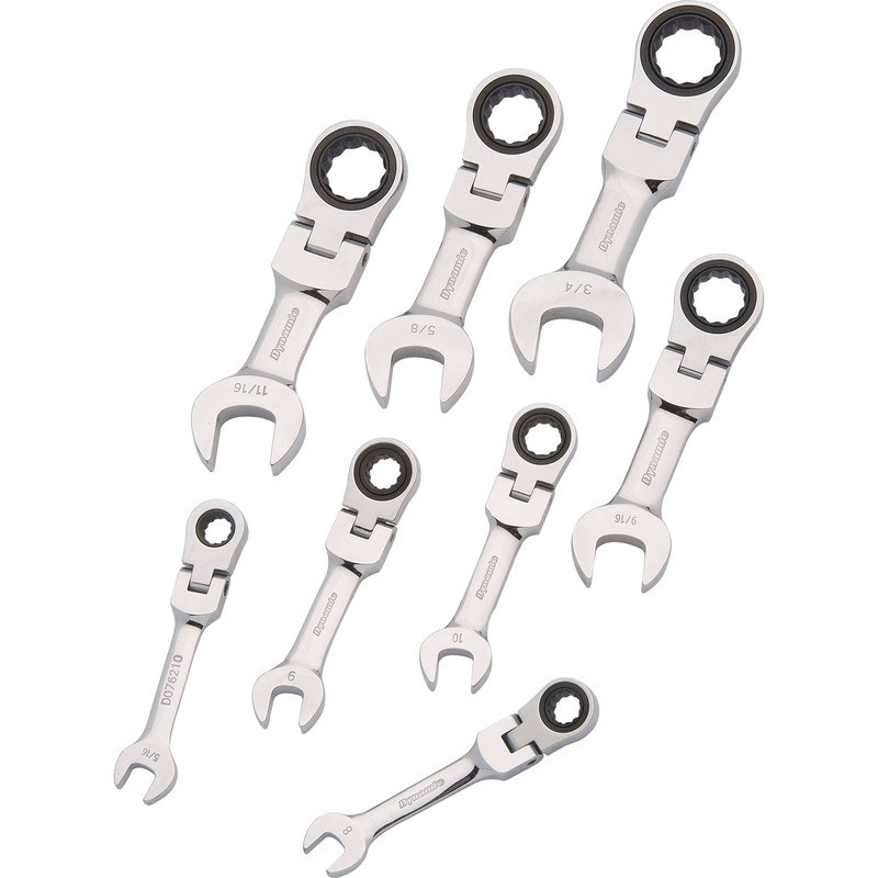 Ratcheting Wrench Set, 8pc, SAE, Stubby, Flex Head Combination,  5/16" - 3/4"